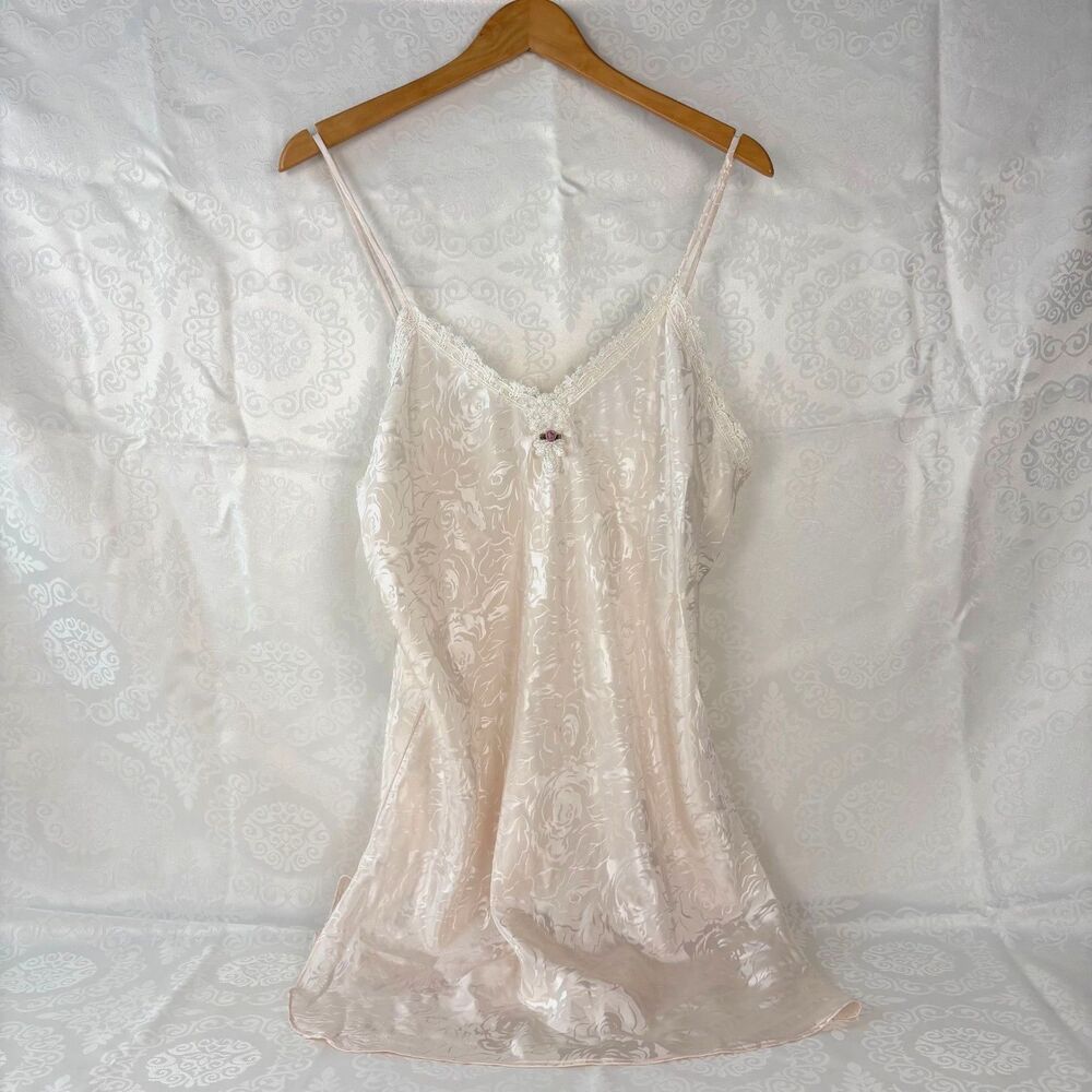 1980's California Dynasty Slip Sleep Dress Lace Satin Vintage Bridal Chemise L